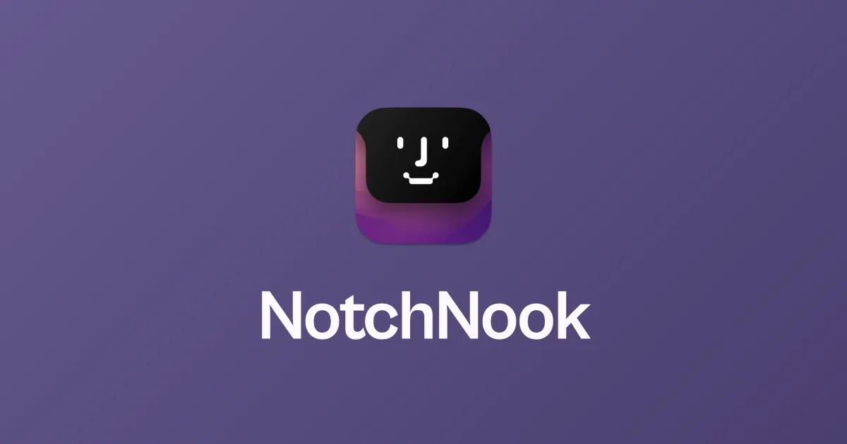 NotchNook app icon featuring a smiling notch-shaped face above the NotchNook wordmark on a muted purple background.