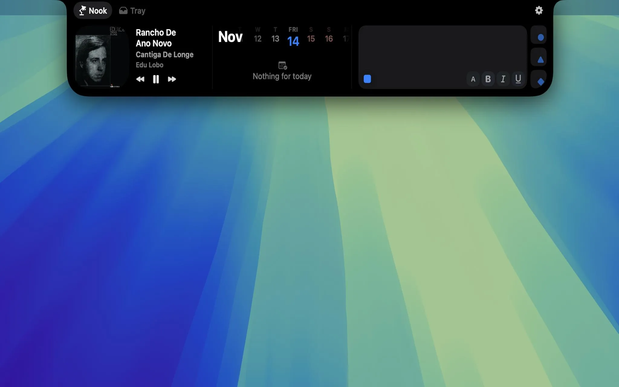 NotchNook expanded panel on macOS showing music playback controls, a calendar widget, and a quick notes editor beneath the MacBook notch.